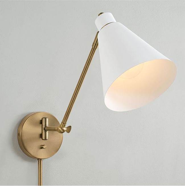 Capital Lighting Bradley 7''w X 26''h 1-light Sconce In Aged Brass And Black Metal Shade With White Interior