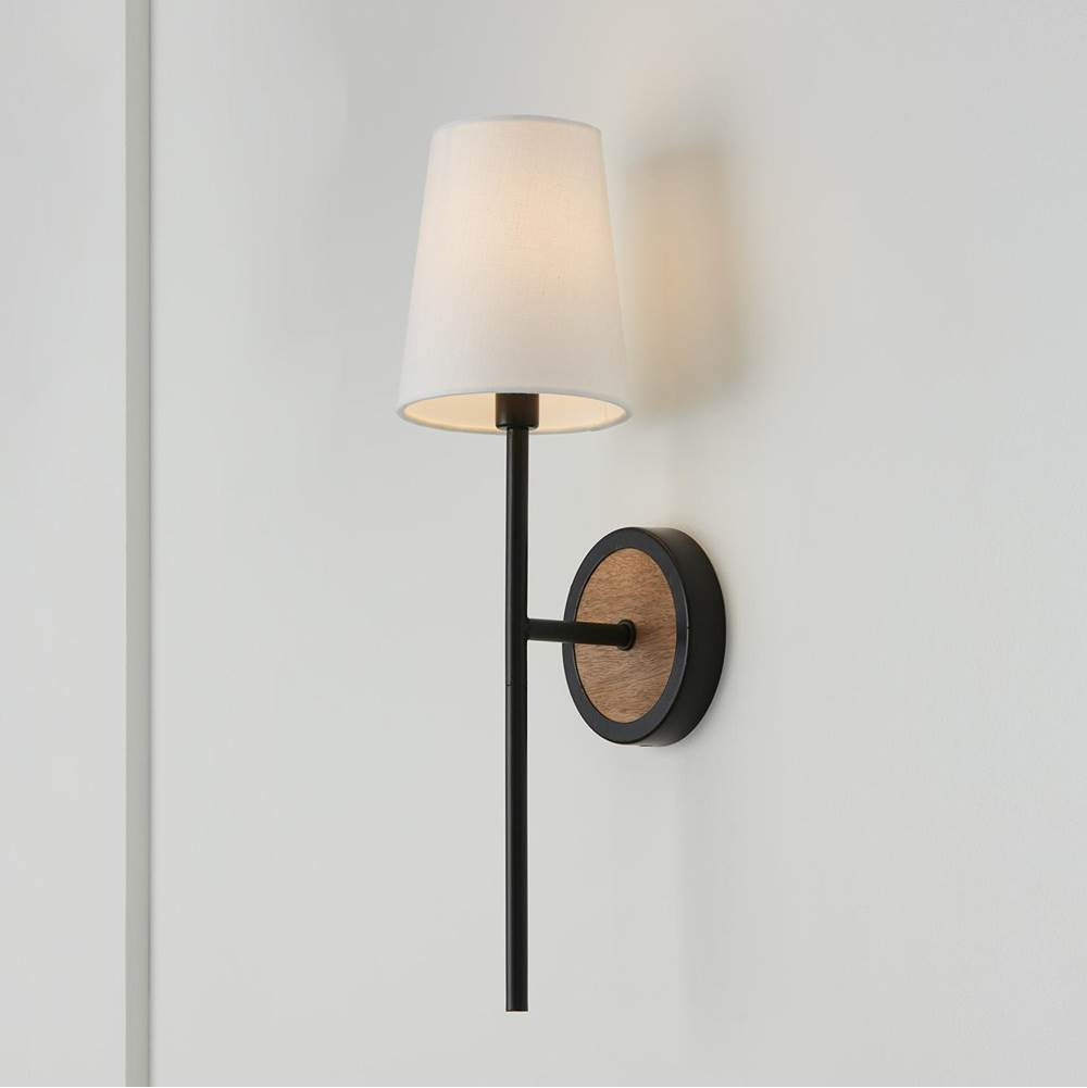 Capital Lighting Jonah 5''w X 20''h 1-light Sconce In Matte Black And Mango Wood With Removable White Fabric Shade