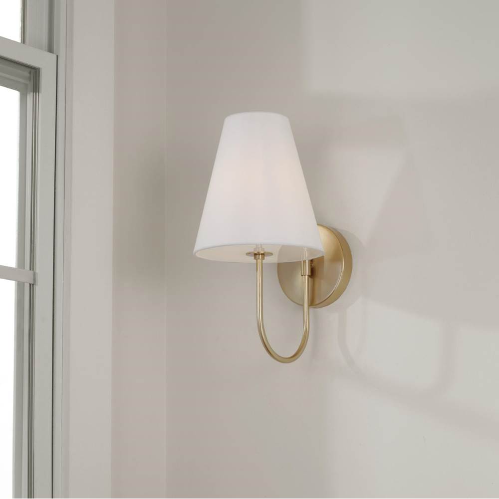 Capital Lighting Julia 7.50''w X 14''h 1-light Sconce In Matte Brass With Tapered White Fabric Shade And Glass Diffuser