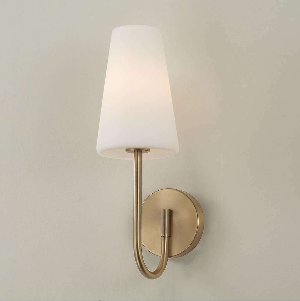 Capital Lighting Averitt 5.75'' W X 17.25'' H 1-light Armed Sconce In Aged Brass With Tapered Soft White Glass