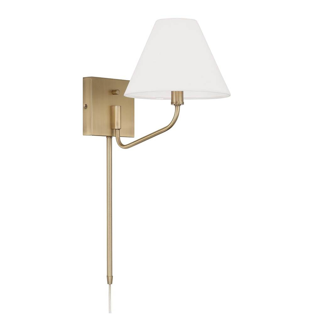 Capital Lighting 656611AD-714 Aged Brass 8.5'' W X 10.25'' H 1-light Swivel Armed Sconce In Aged Brass And Tapered White Fabric Shade With Optional Plug-in And Cord Cover Image 1