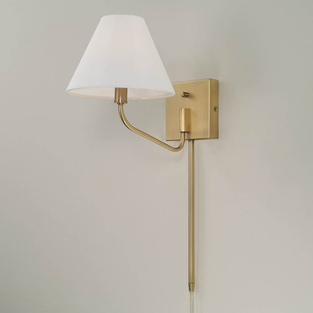 Capital Lighting Chadwick 8.5'' W X 10.25'' H 1-light Swivel Armed Sconce In Aged Brass And Tapered White Fabric Shade With Optional Plug-in And Cord Cover