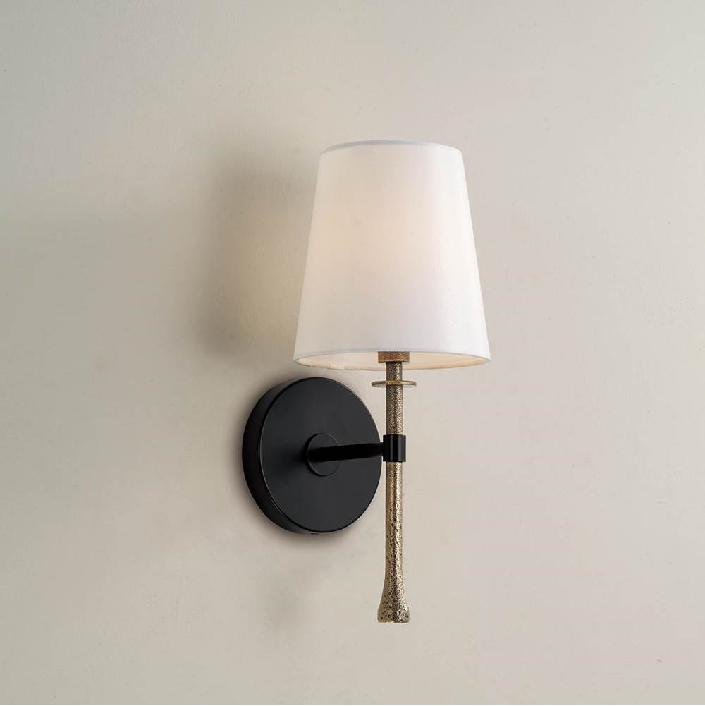 Capital Lighting Hollis 6'' W X 14.25'' H 1-light Wallchiere Sconce In Matte Black With Textured Hammered Gold Tail And White Fabric Shade