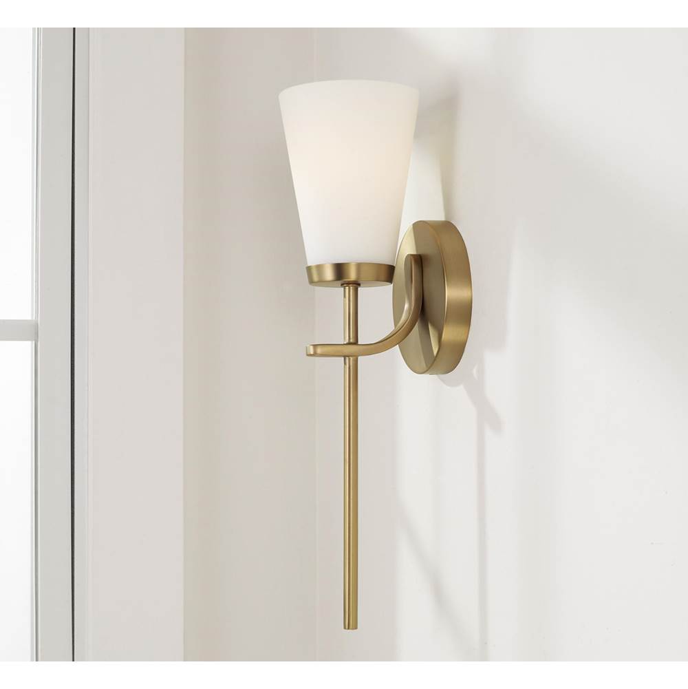 Capital Lighting Drake 5'' W X 17'' H 1-light Wallchiere Sconce In Aged Brass With Tapered Soft White Glass