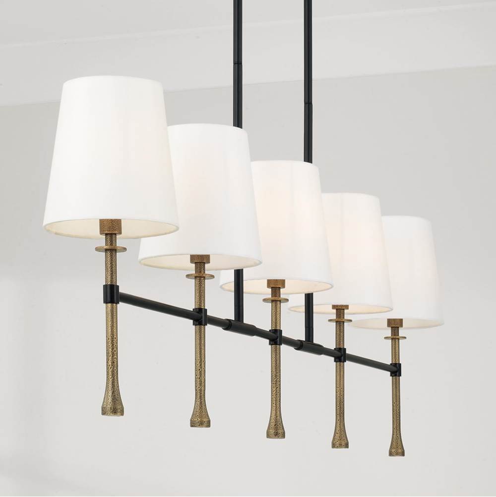 Capital Lighting 860751MBG-717 Matte Black,Hammered Gold 48'' W X 18.75'' H 5-light Linear Chandelier In Matte Black With Textured Hammered Gold Tails And White Fabric Shades Image 2