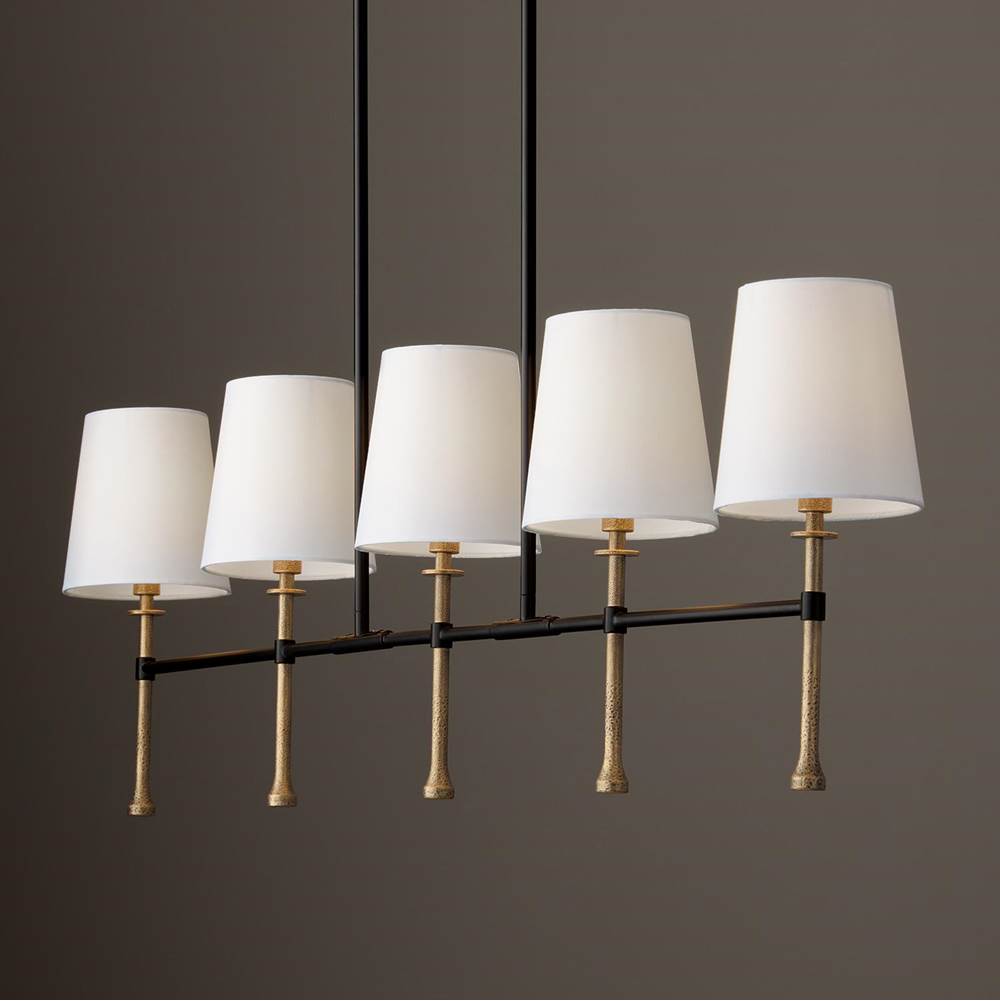 Capital Lighting Hollis 48'' W X 18.75'' H 5-light Linear Chandelier In Matte Black With Textured Hammered Gold Tails And White Fabric Shades
