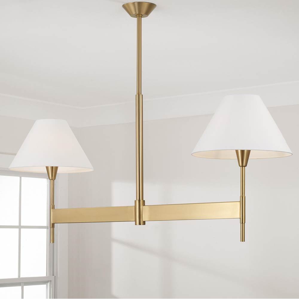 Capital Lighting Leland 50'' W X 22.5'' H 2-light Linear Chandelier In Aged Brass With White Fabric Shades And Designer Canopy