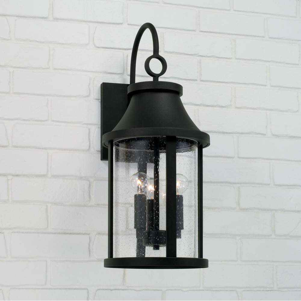 Capital Lighting Bridger 9.75''w X 24.50''h 3-light Outdoor Cylindrical Wall Lantern In Black With Seeded Glass