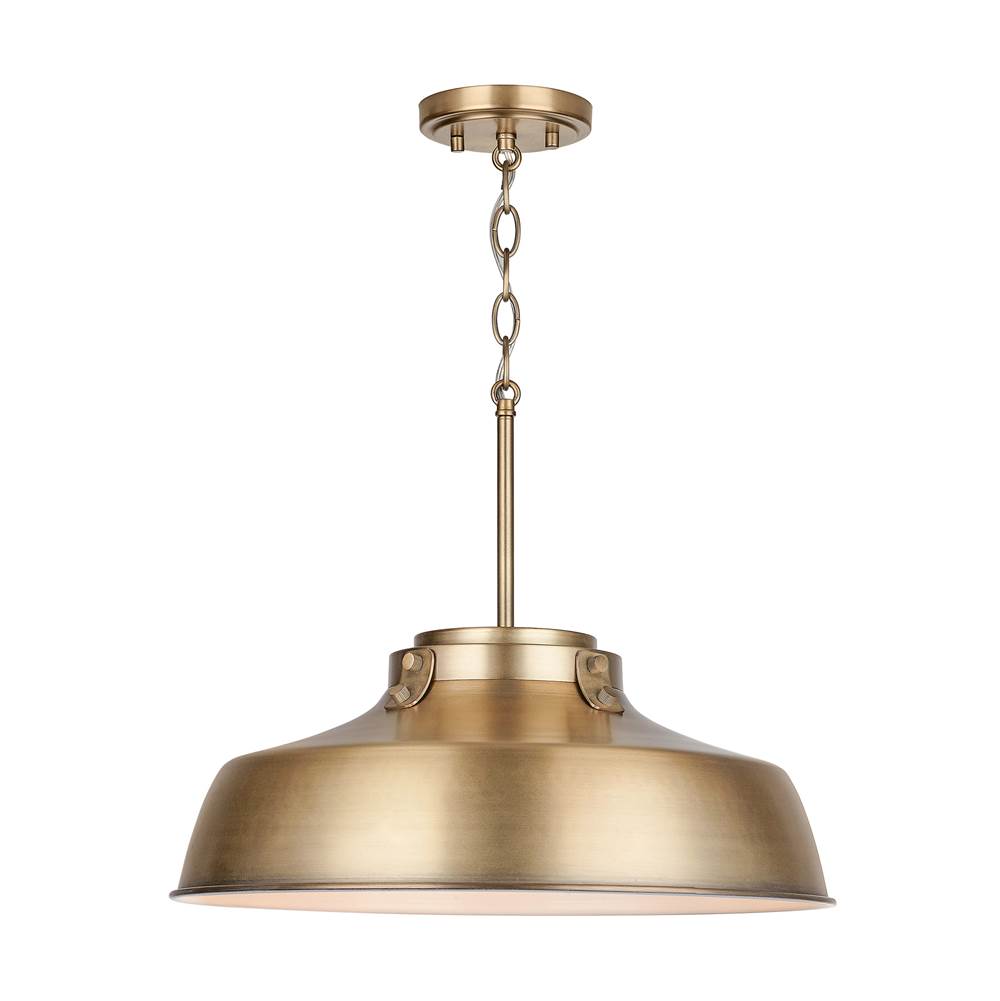 Capital Lighting Oakwood 18'' W X 7'' H 1-light Industrial Metal Shade Pendant - Aged Brass With White Interior