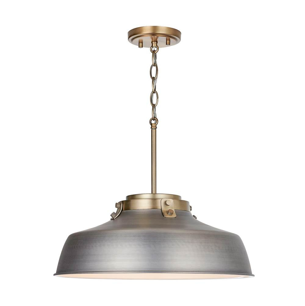 Capital Lighting 9D329A Antique Nickel 18'' W X 7'' H 1-light Industrial Metal Shade Pendant - Antique Nickel And Aged Brass With White Interior Image 1