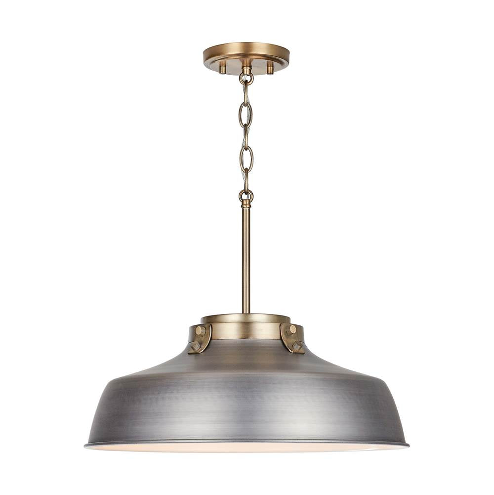 Capital Lighting Oakwood 18'' W X 7'' H 1-light Industrial Metal Shade Pendant - Antique Nickel And Aged Brass With White Interior