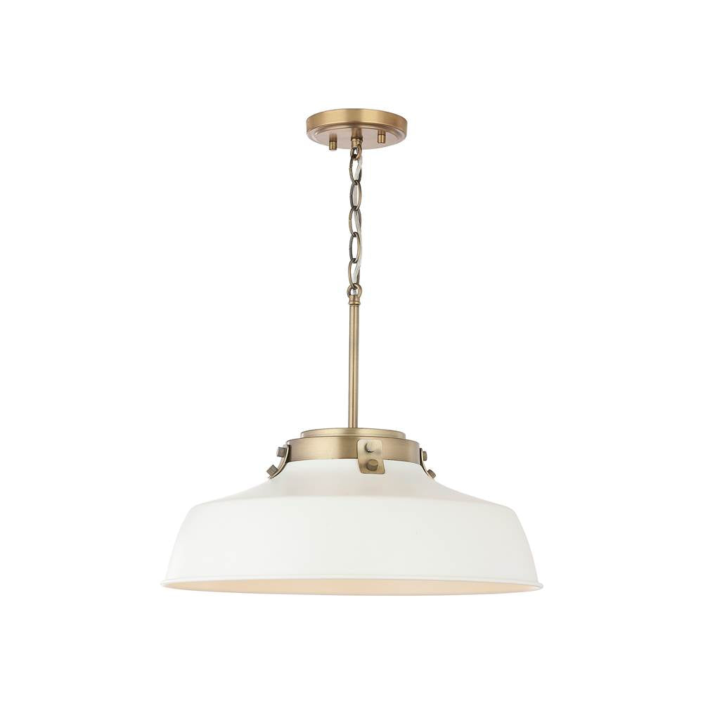 Capital Lighting 9D330A Warm White 18'' W X 7'' H 1-light Industrial Metal Shade Pendant - Matte White And Aged Brass With White Interior Image 1