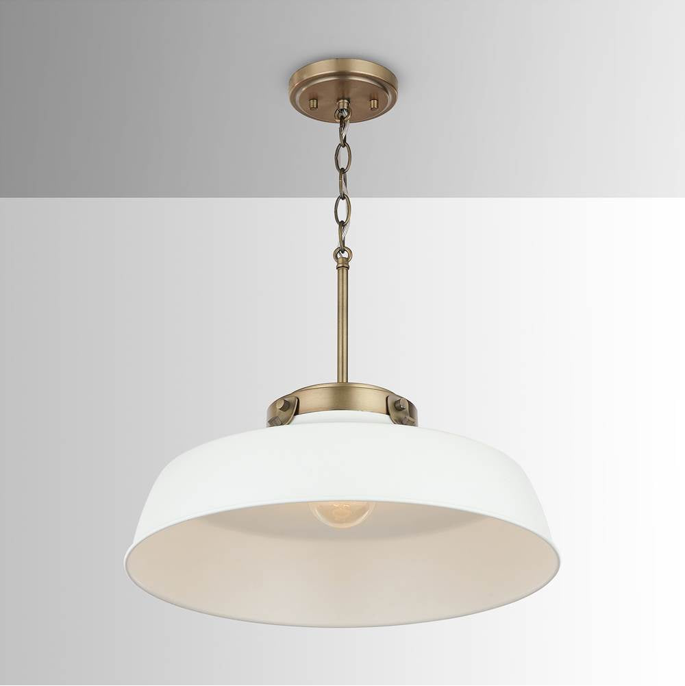 Capital Lighting 9D330A Warm White 18'' W X 7'' H 1-light Industrial Metal Shade Pendant - Matte White And Aged Brass With White Interior Image 2