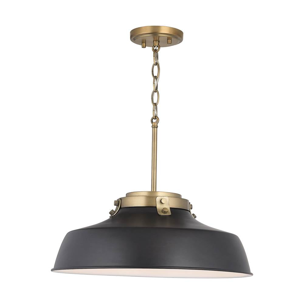 Capital Lighting 9D331A Matte Black 18'' W X 7'' H 1-light Industrial Metal Shade Pendant - Matte Black And Aged Brass With White Interior Image 1