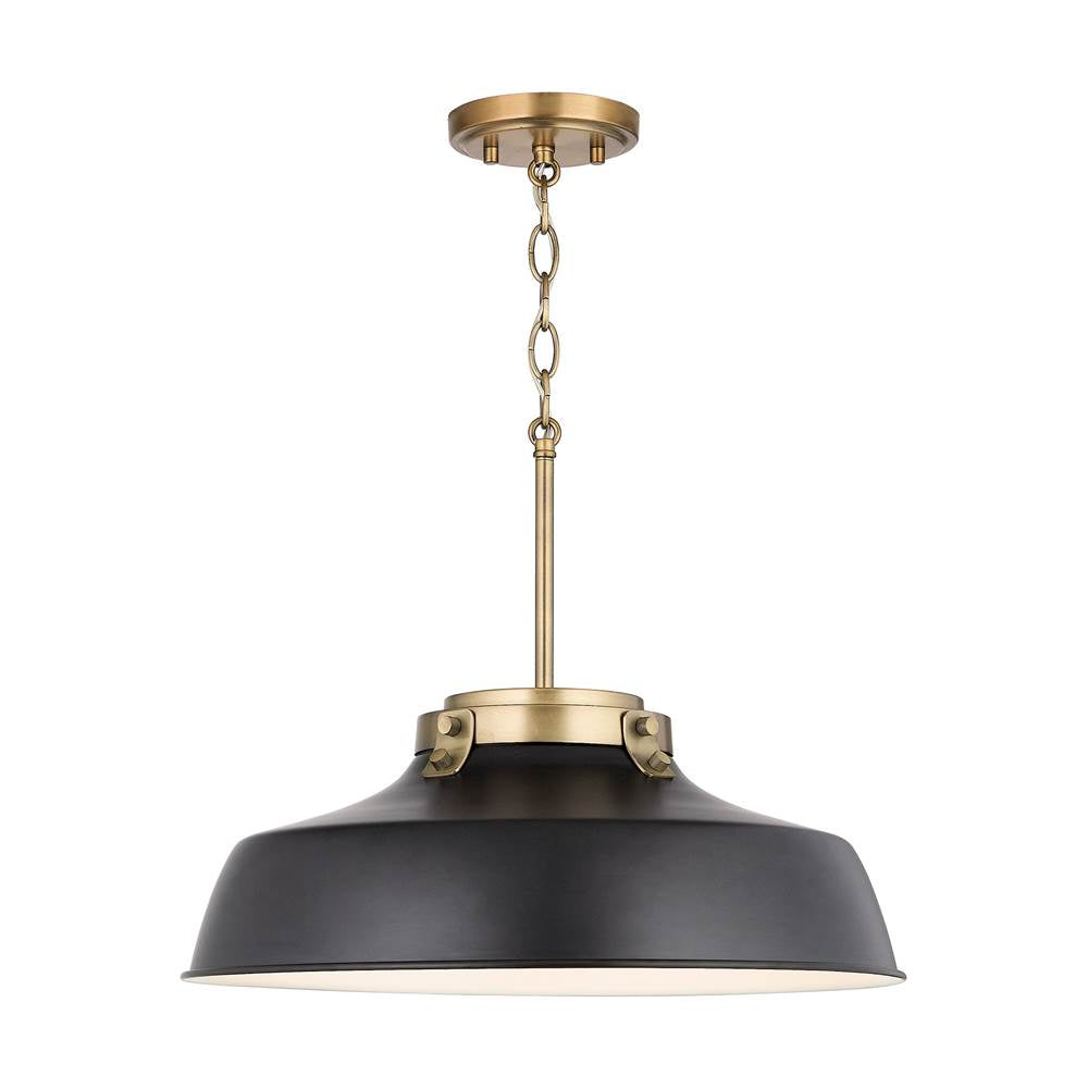 Capital Lighting Oakwood 18'' W X 7'' H 1-light Industrial Metal Shade Pendant - Matte Black And Aged Brass With White Interior