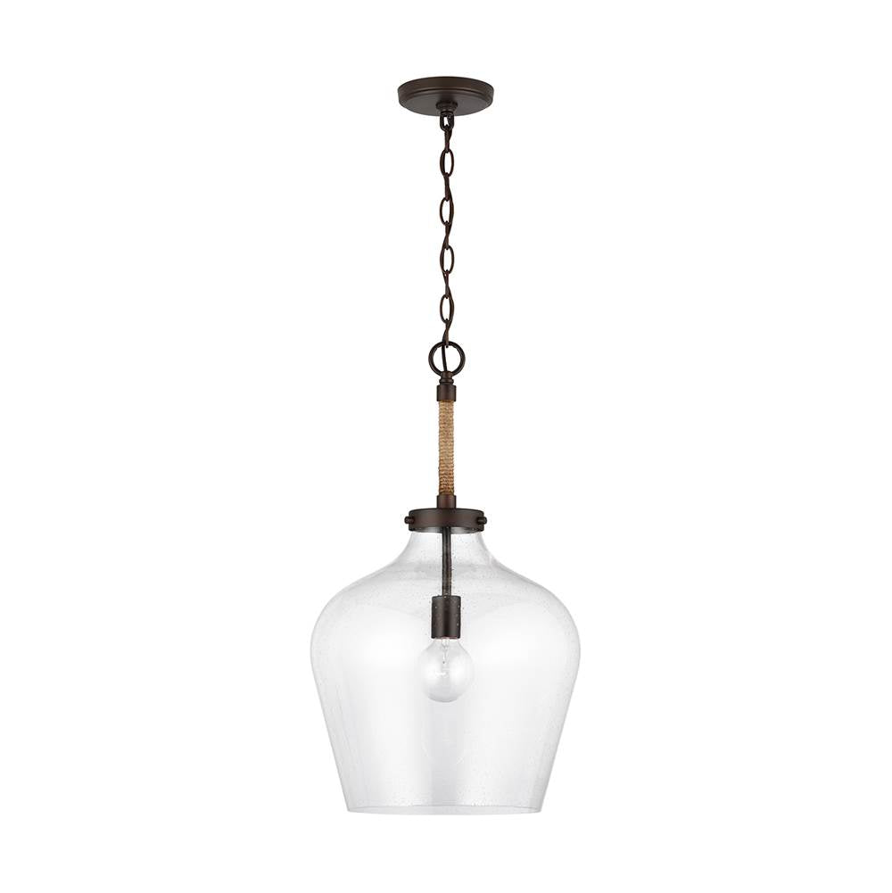 Capital Lighting 9F370A Bronze 14'' W X 25'' H 1-light Clear Seeded Glass Tapered Urn Pendant With Natural Jute Rope Accent In Bronze Image 1