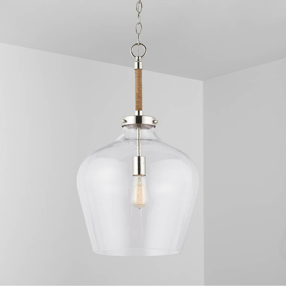 Capital Lighting 9F371A Polished Nickel 14'' W X 25'' H 1-light Clear Seeded Glass Tapered Urn Pendant With Natural Jute Rope Accent In Nickel Image 2