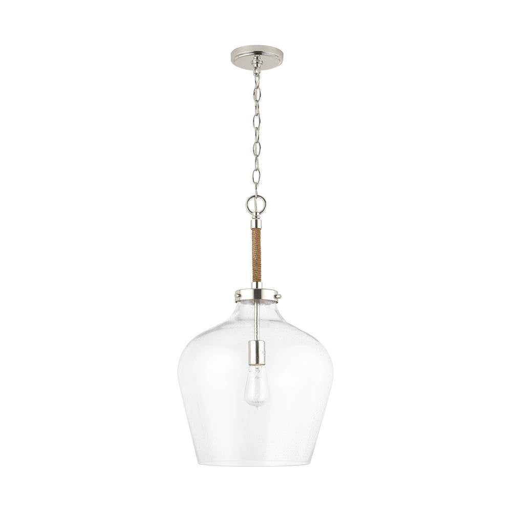 Capital Lighting 9F371A Polished Nickel 14'' W X 25'' H 1-light Clear Seeded Glass Tapered Urn Pendant With Natural Jute Rope Accent In Nickel Image 1