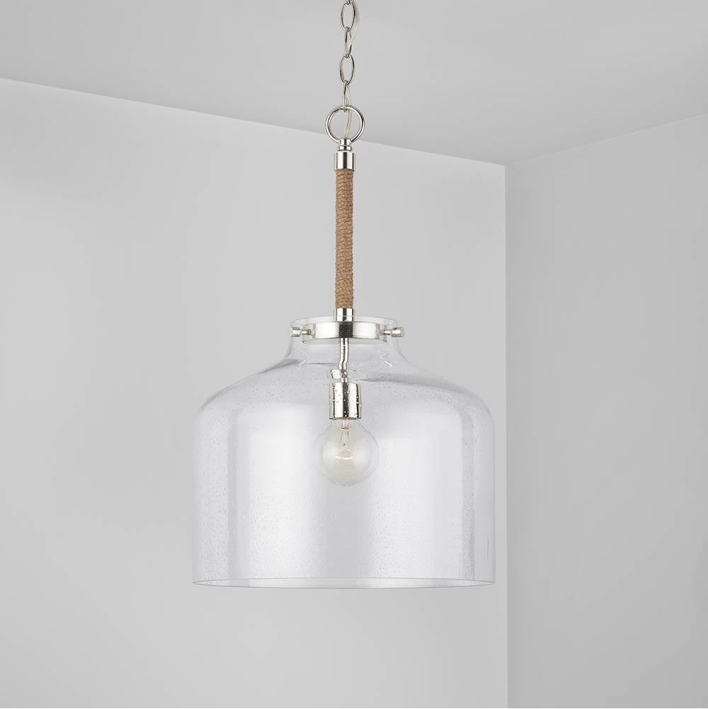 Capital Lighting 9F373A Polished Nickel 14'' W X 22'' H 1-light Clear Seeded Glass Wide Cloche Pendant With Natural Jute Rope Accent In Nickel Image 2