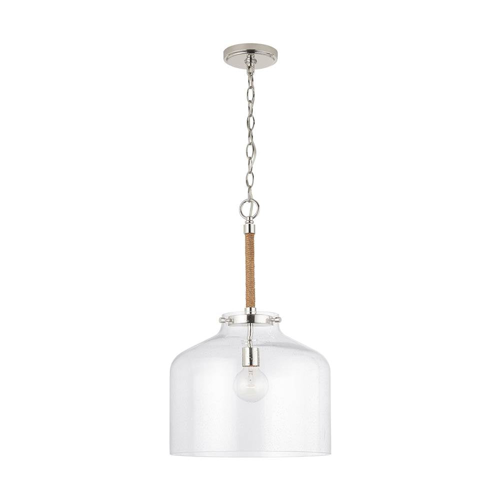 Capital Lighting 9F373A Polished Nickel 14'' W X 22'' H 1-light Clear Seeded Glass Wide Cloche Pendant With Natural Jute Rope Accent In Nickel Image 1