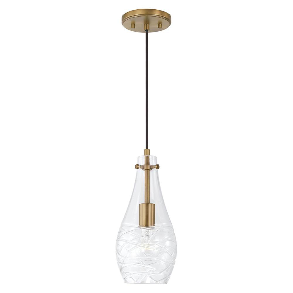 Capital Lighting AA1006AD Aged Brass 6'' W X 13'' H Wavy Glass Pendant In Aged Brass With Etched Detailing Image 1