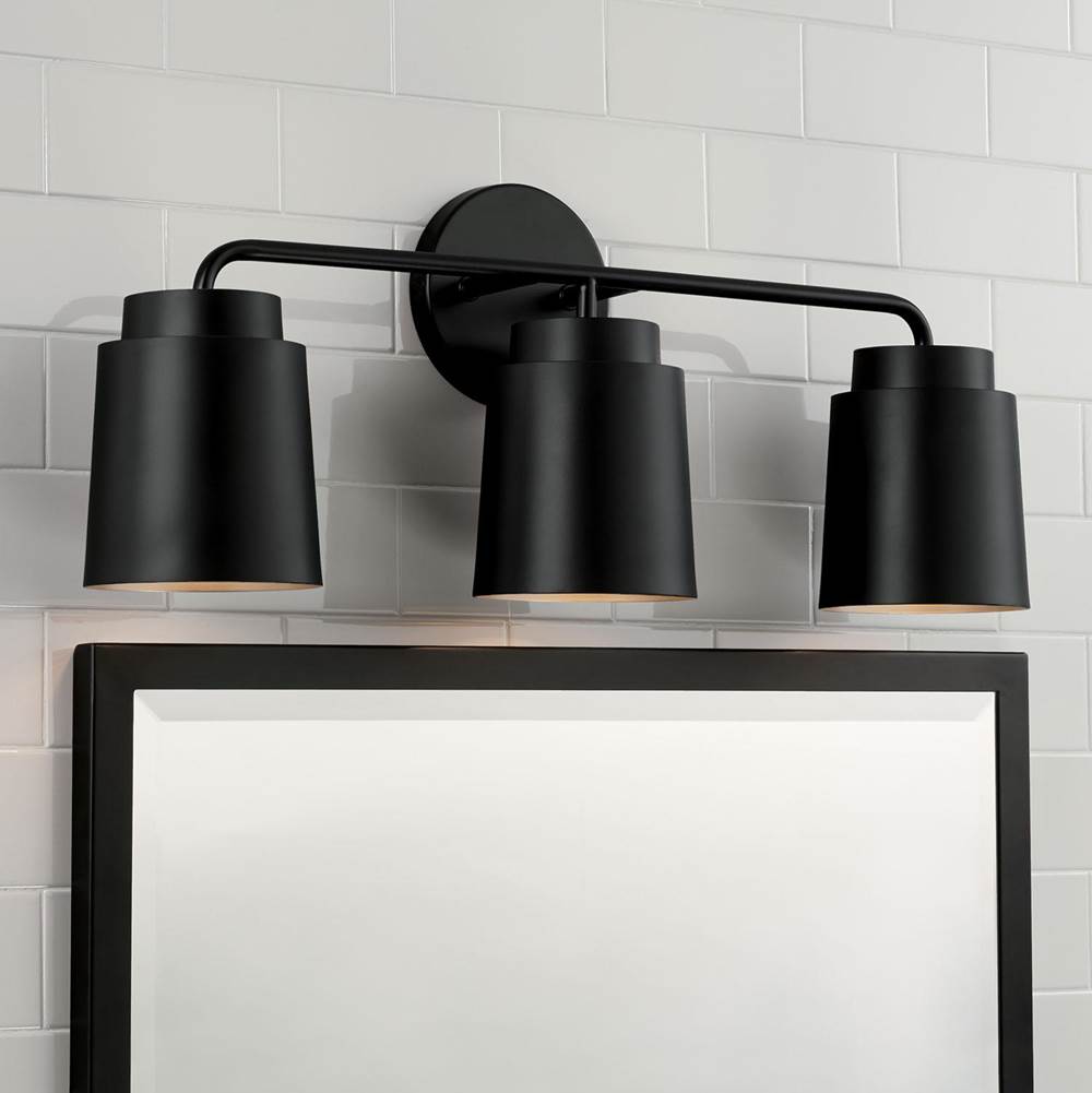 Capital Lighting Pratt 24.50''w X 9.50''h 3-light Vanity In Matte Black With Soft Gold Interior