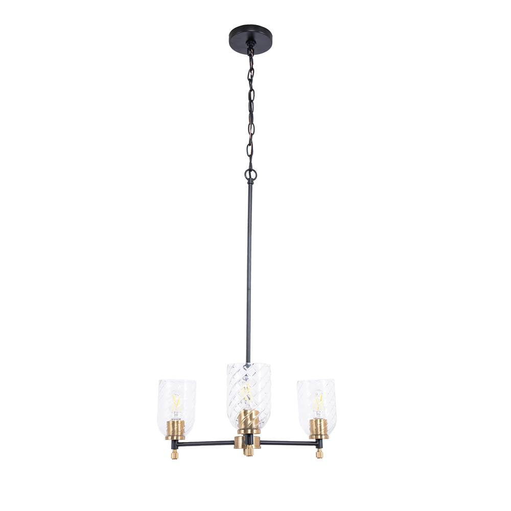 Craftmade Council 3 Light Chandelier In Flat Black/satin Brass (clear Swirl Texture Glass)