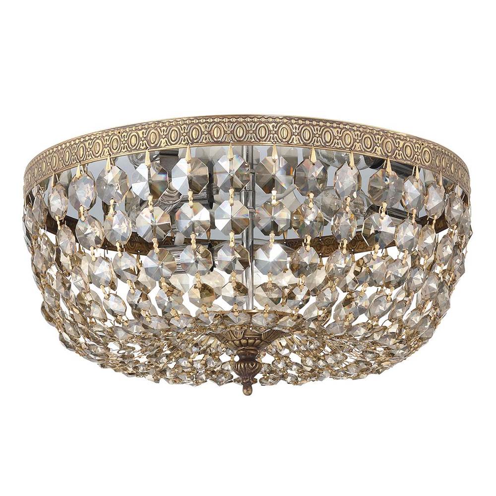 Crystorama 3 Light Golden Teak Hand Cut Crystal Olde Brass Flush Mount