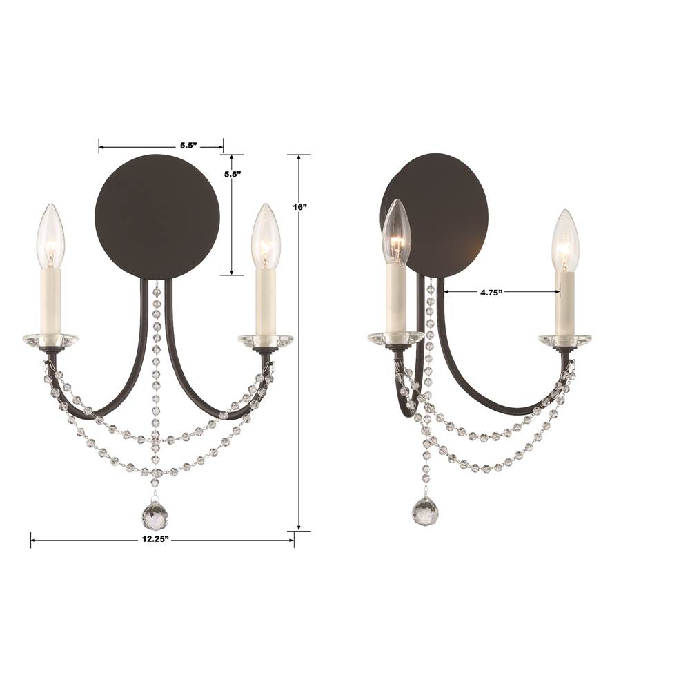 Crystorama DEL-90802-MK Matte Black Delilah 2 Light Matte Black Wall Mount Image 2
