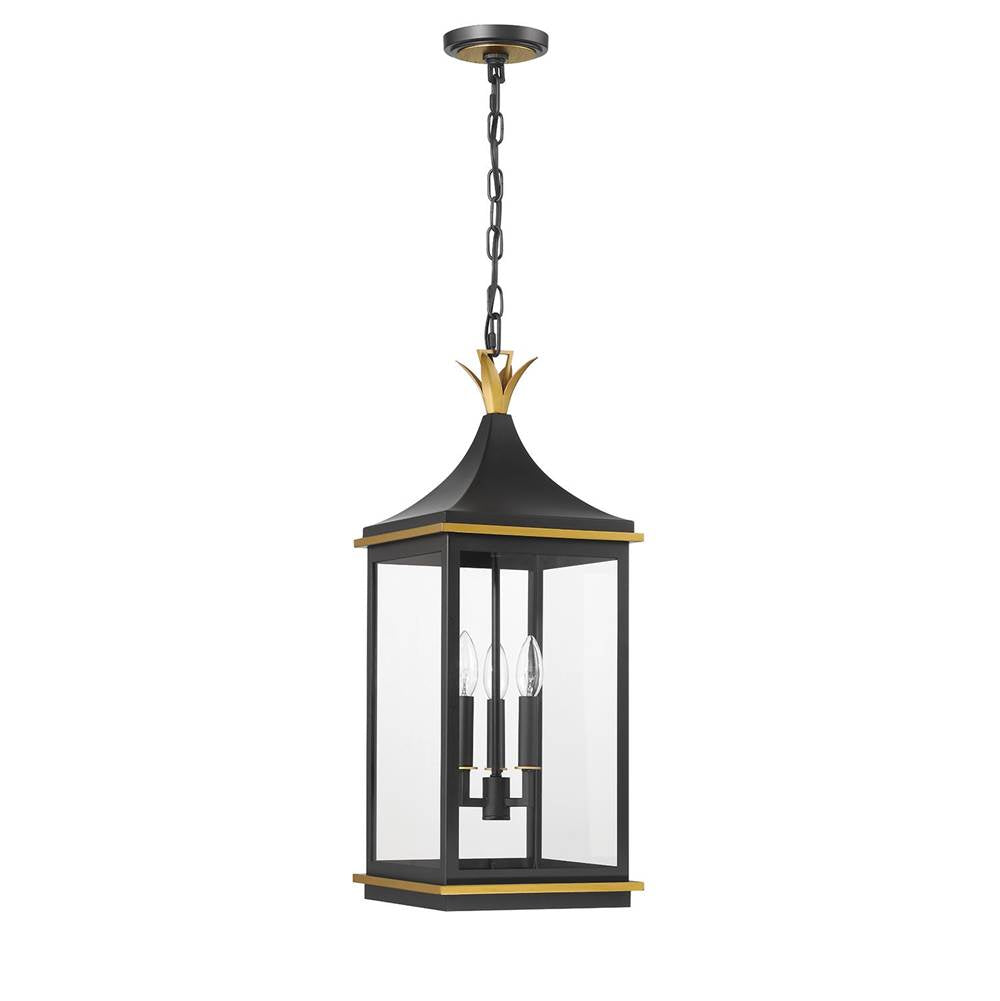 Crystorama Simpson 3 Light Matte Black Plus Textured Gold Outdoor Pendant