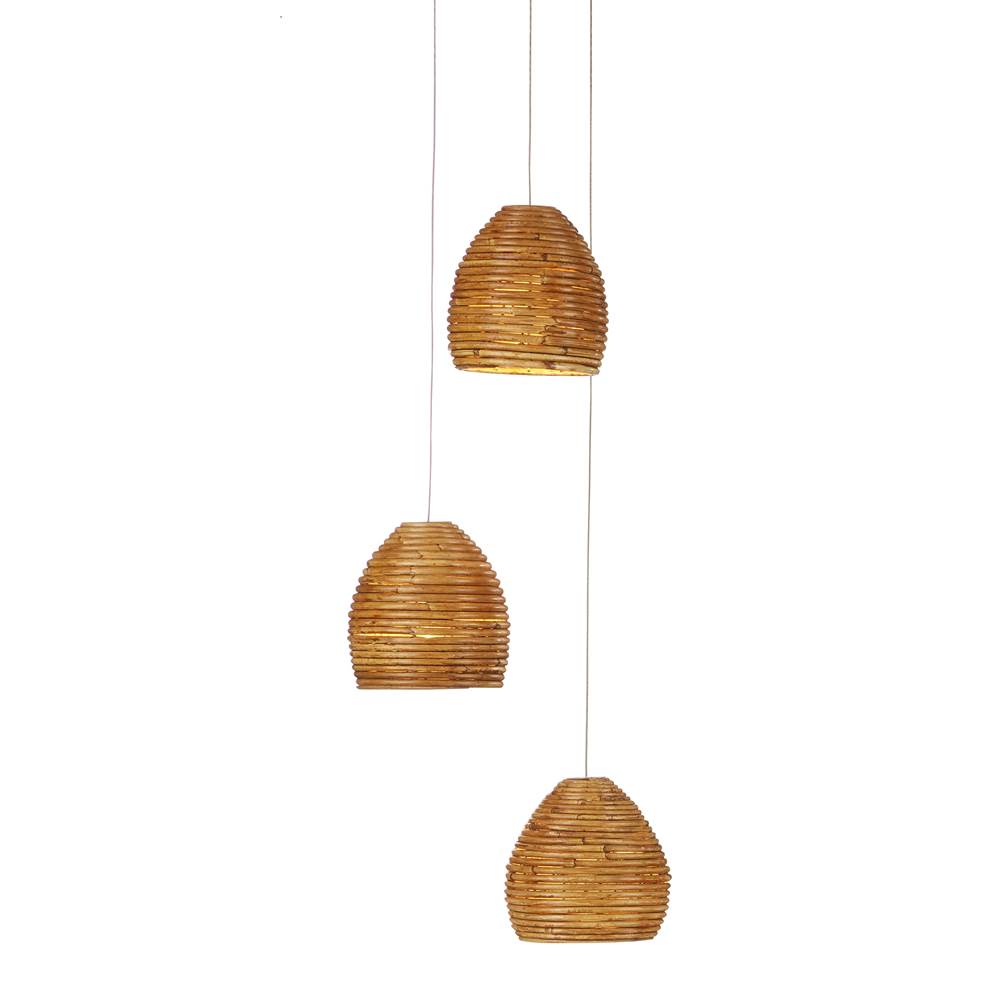 Currey And Company 9000-0999 Natural Rattan,Silver Beehive 3-light Multi-drop Pendant Image 1