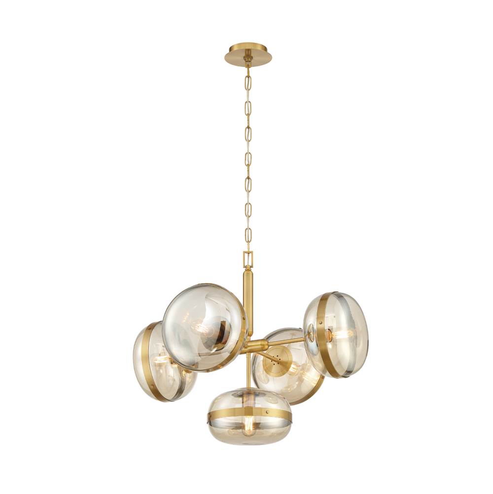 Eurofase Nottingham, Chandelier, 5-light, 28'', Antique Brass, Amber Glass
