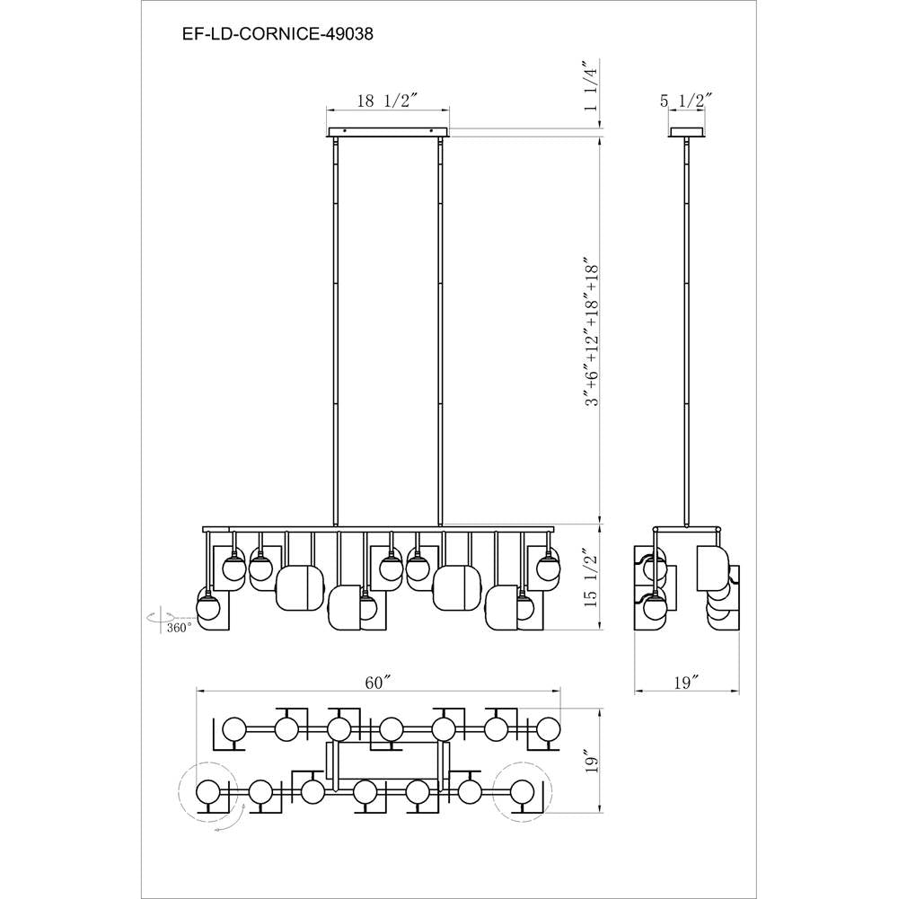 Eurofase 49038-019 Gold Black Mix Cornice, Chandelier, 14-light, 60'', Gold-black Mix, White Glass Image 5