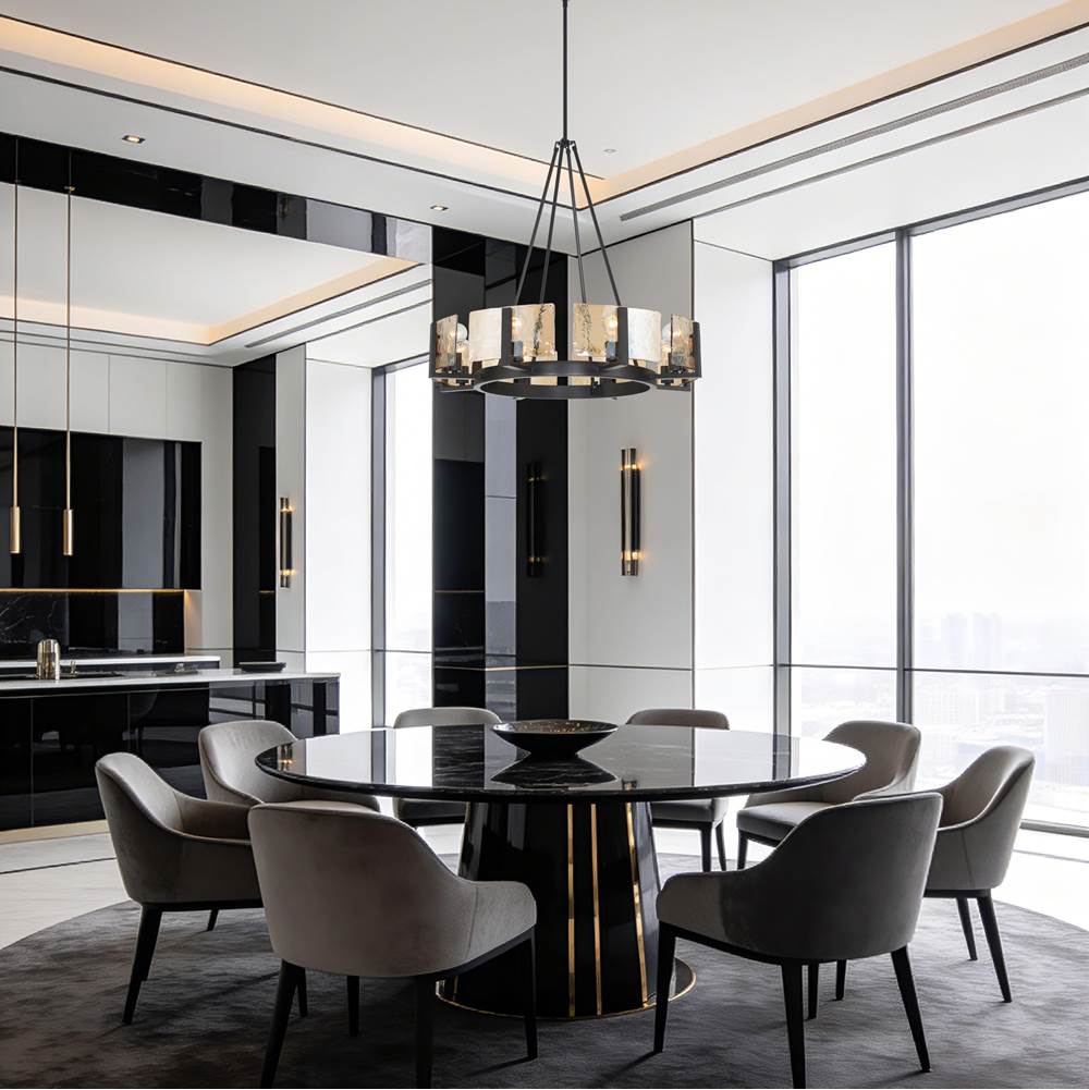 Golden Lighting 3164-8 BLK-AWG Matte Black Yep By Golden Lighting Aenon 8-light Chandelier In Matte Black With Amber Water Glass Image 3