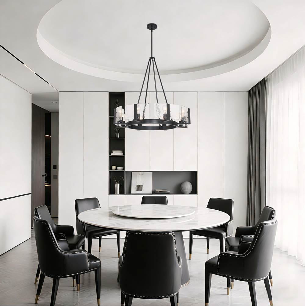 Golden Lighting 3164-8 BLK-HWG Matte Black Yep By Golden Lighting Aenon 8-light Chandelier In Matte Black With Hammered Water Glass Image 3