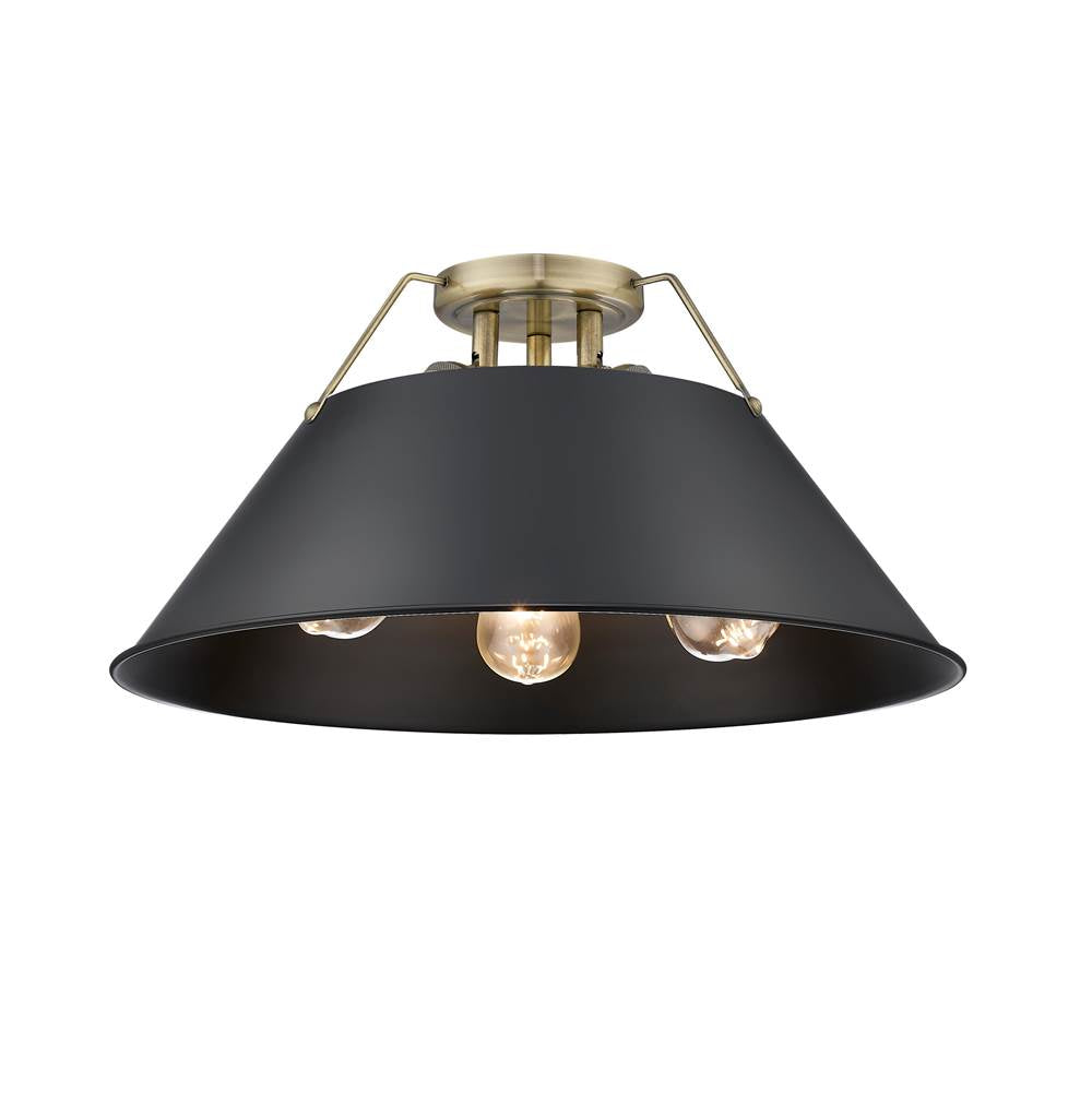 Golden Lighting 3306-3FM AB-BLK Aged Brass Yep By Golden Lighting Orwell 3-light Flush Mount In Aged Brass And Matte Black Shade Image 1