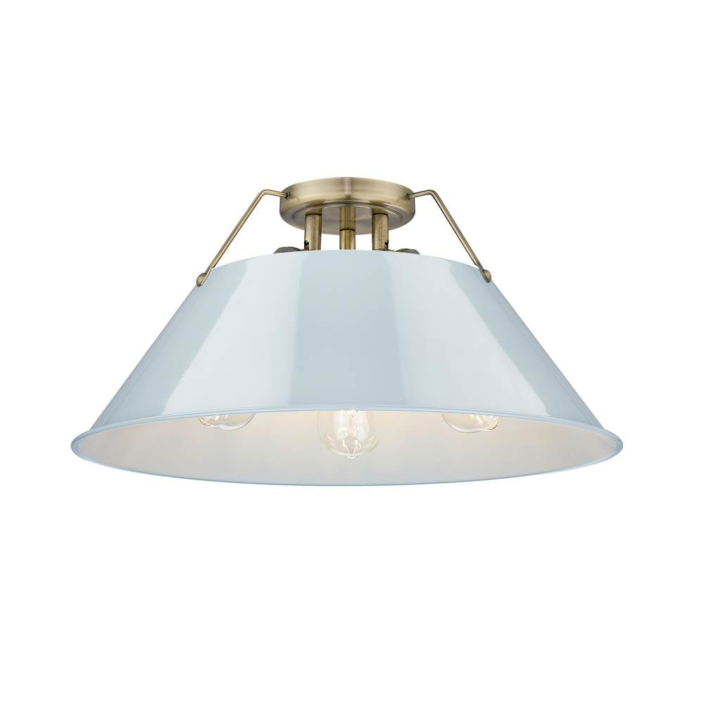 Golden Lighting 3306-3FM AB-DB Aged Brass Yep By Golden Lighting Orwell 3-light Flush Mount In Aged Brass And Dusky Blue Shade Image 1