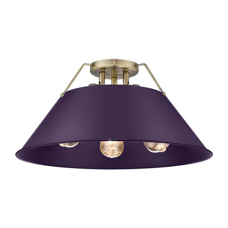 Golden Lighting 3306-3FM AB-EP Aged Brass Yep By Golden Lighting Orwell 3-light Flush Mount In Aged Brass And Exotic Purple Shade Image 1