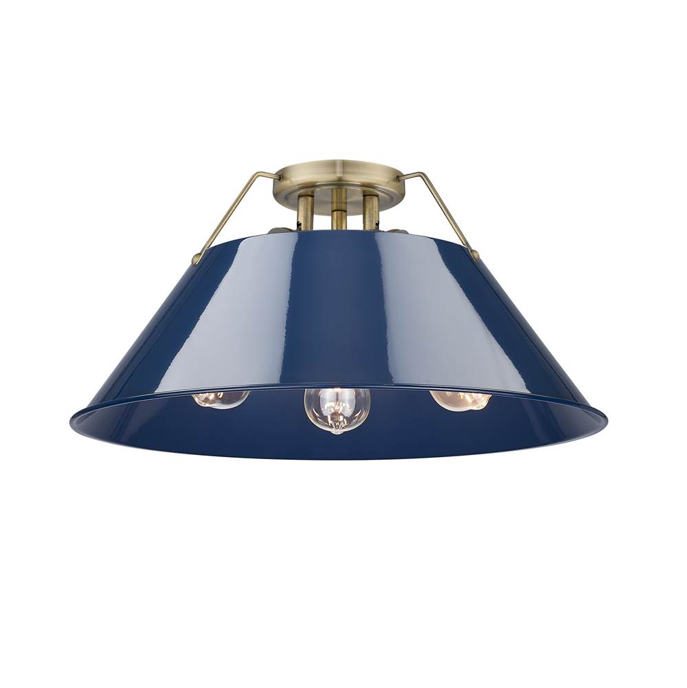 Golden Lighting 3306-3FM AB-NVY Aged Brass Yep By Golden Lighting Orwell 3-light Flush Mount In Aged Brass And Navy Blue Shade Image 1
