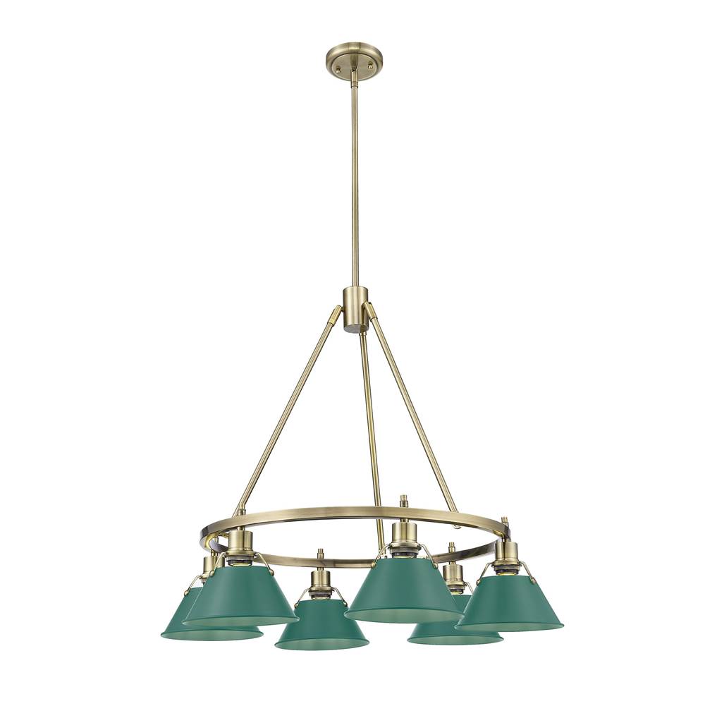 Golden Lighting Orwell Yep By Golden Lighting Orwell 6-light Chandelier In Aged Brass And Pine Green Shade