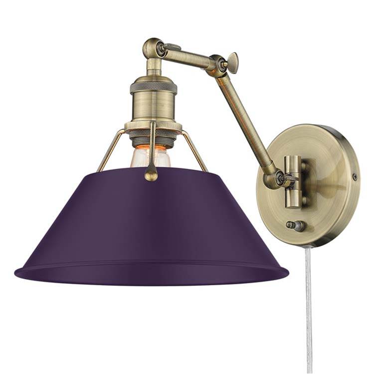 Golden Lighting 3306-A1W AB-EP Aged Brass Yep By Golden Lighting Orwell 1-light Swing Arm Wall Lamp In Aged Brass And Exotic Purple Shade Image 1