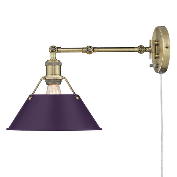 Golden Lighting Orwell Yep By Golden Lighting Orwell 1-light Swing Arm Wall Lamp In Aged Brass And Exotic Purple Shade