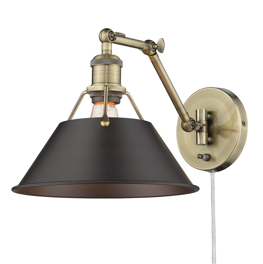 Golden Lighting 3306-A1W AB-RBZ Aged Brass Yep By Golden Lighting Orwell 1-light Swing Arm Wall Lamp In Aged Brass And Rubbed Bronze Shade Image 1