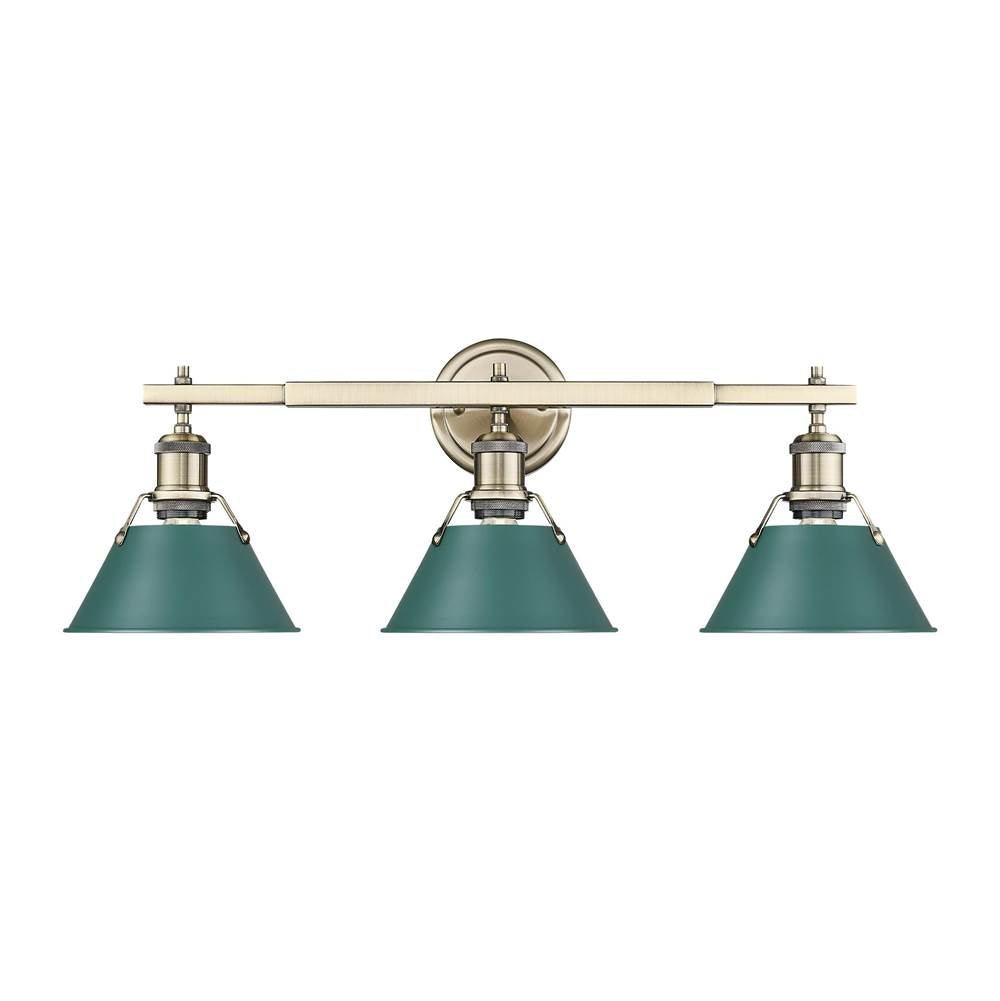 Golden Lighting 3306-BA3 AB-GN Aged Brass Yep By Golden Lighting Orwell 3-light Vanity In Aged Brass And Pine Green Shade Image 1