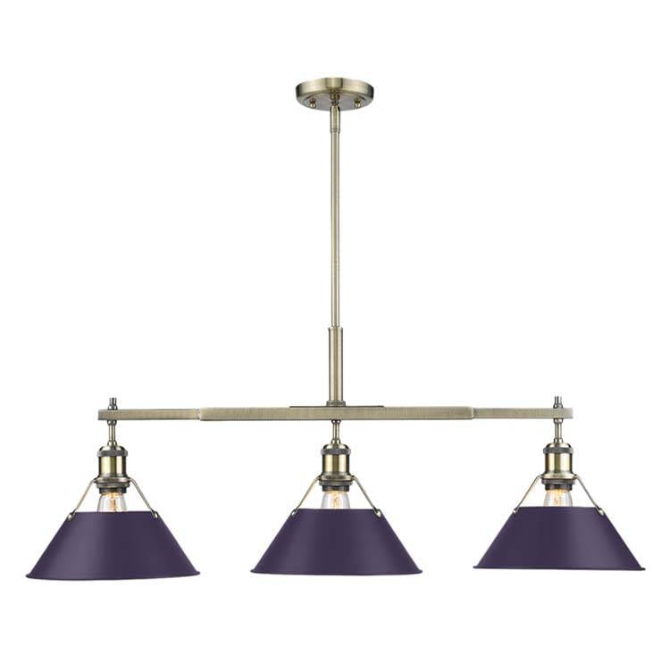 Golden Lighting 3306-LP AB-EP Aged Brass Yep By Golden Lighting Orwell 3-light Island Light In Aged Brass And Exotic Purple Shade Image 1