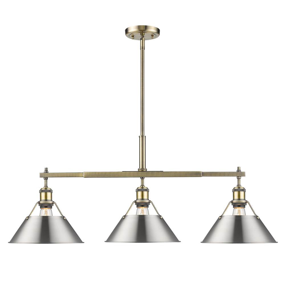 Golden Lighting 3306-LP AB-PW Aged Brass Yep By Golden Lighting Orwell 3-light Island Light In Aged Brass And Pewter Shade Image 1