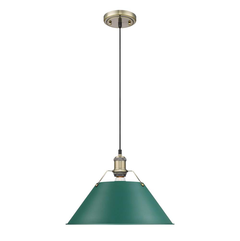 Golden Lighting 3306-L AB-GN Aged Brass Yep By Golden Lighting Orwell 1-light 14in Pendant In Aged Brass And Pine Green Shade Image 1