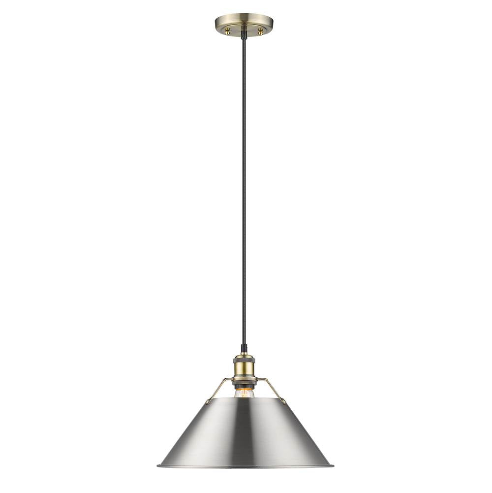 Golden Lighting 3306-L AB-PW Aged Brass Yep By Golden Lighting Orwell 1-light 14in Pendant In Aged Brass And Pewter Shade Image 1