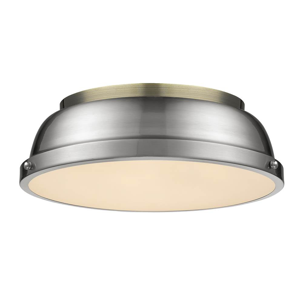 Golden Lighting 3602-14 AB-PW Aged Brass Yep By Golden Lighting Duncan 2-light Flush Mount In Aged Brass And Pewter Shade Image 1