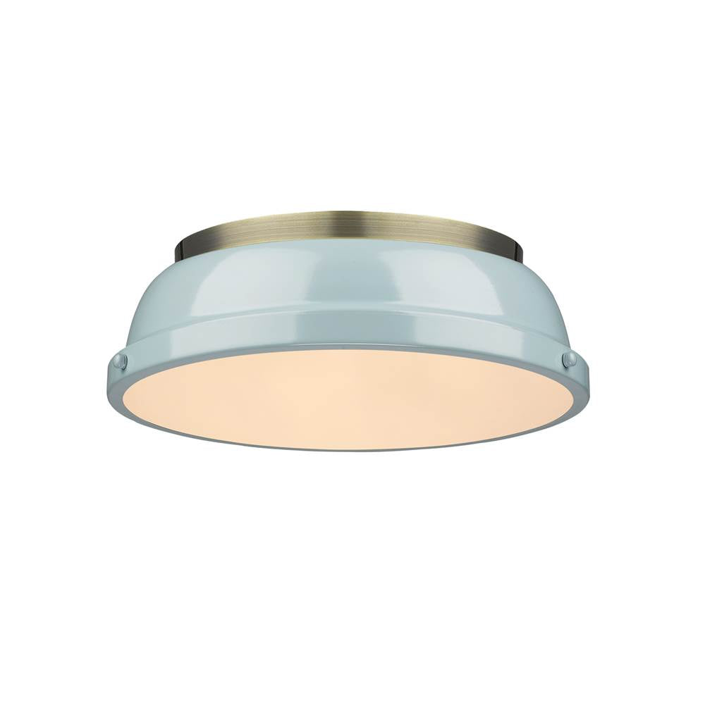 Golden Lighting 3602-14 AB-SF Aged Brass Yep By Golden Lighting Duncan 2-light Flush Mount In Aged Brass And Seafoam Shade Image 1